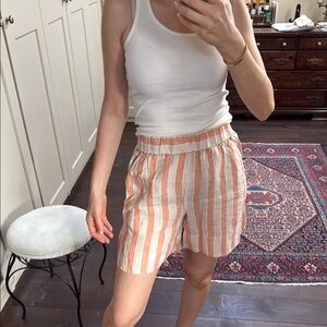 Striped orange and White Women's High Waisted Linen Shorts